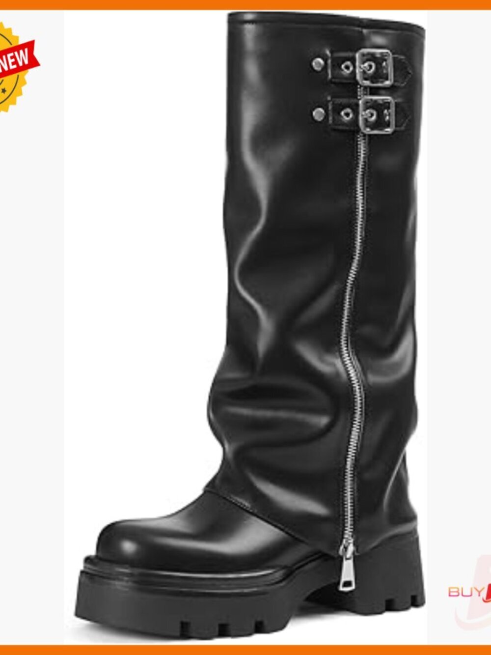 Knee High Platform Combat Boots, Leather Round Toe, Lug Sole, Pull On